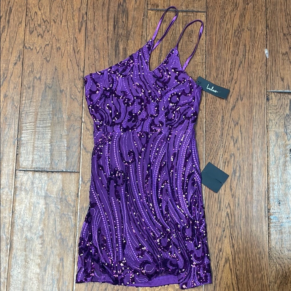 Lulus women’s alluring shine purple sequin one shoulder mini dress